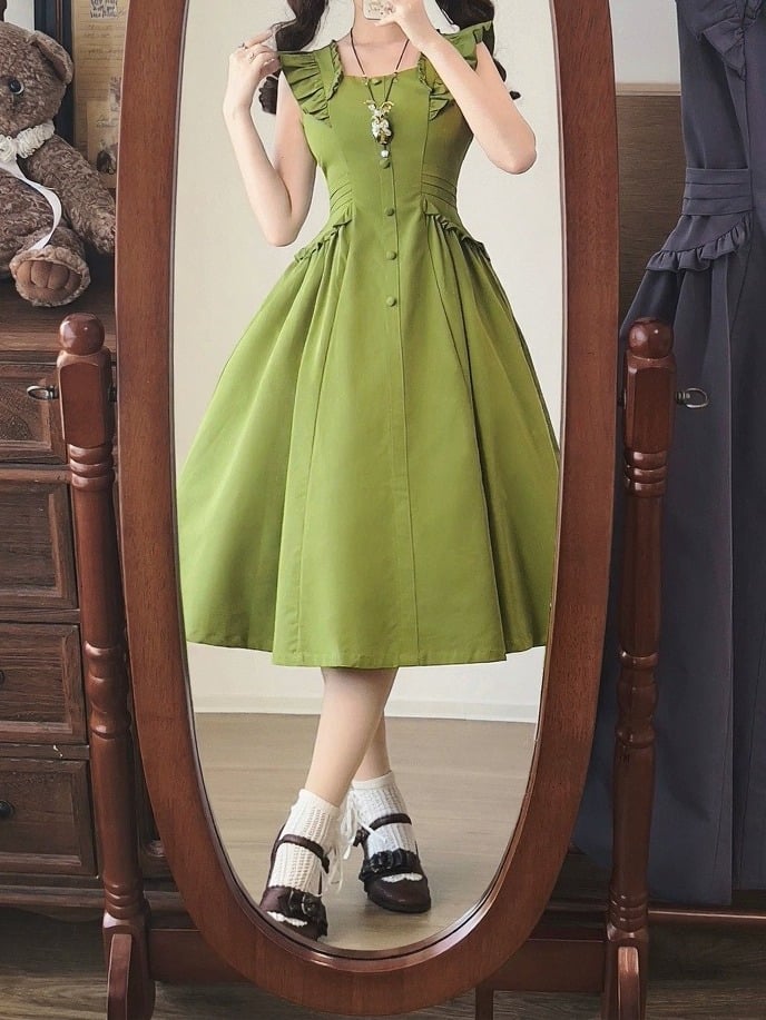 Robe d'été verte rétro à volants - Forest Wardrobe