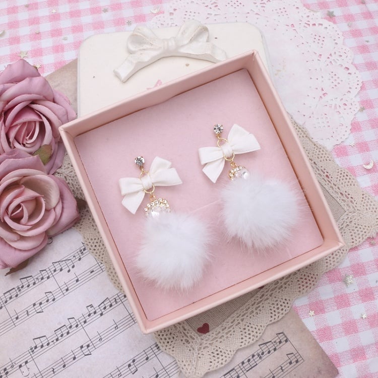 Pom-pom Kei Jirai Options Rhinestone Earrings 5 Bowknot Heart Color