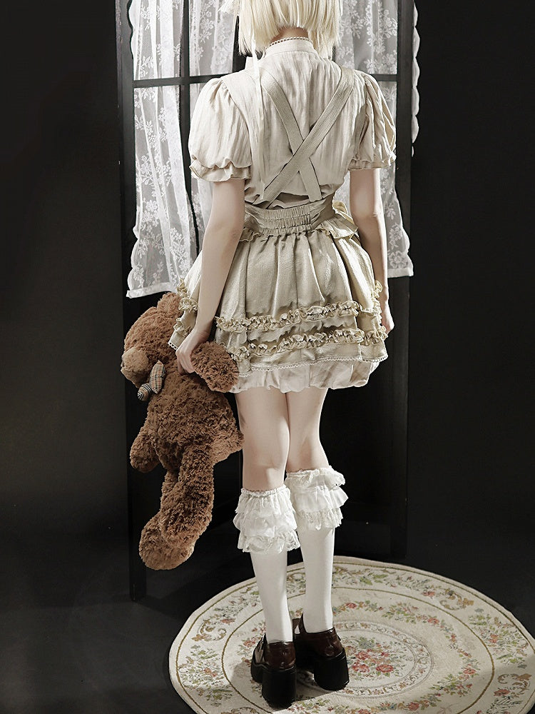 Sweet Blouse and Ruffle Bubble Skirt Set with Cross Straps - Unknown Star