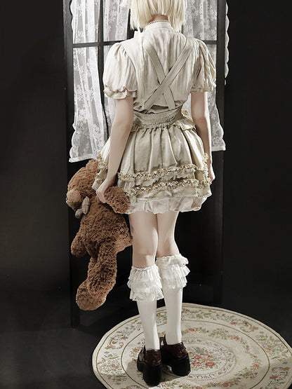Sweet Blouse and Ruffle Bubble Skirt Set with Cross Straps - Unknown Star