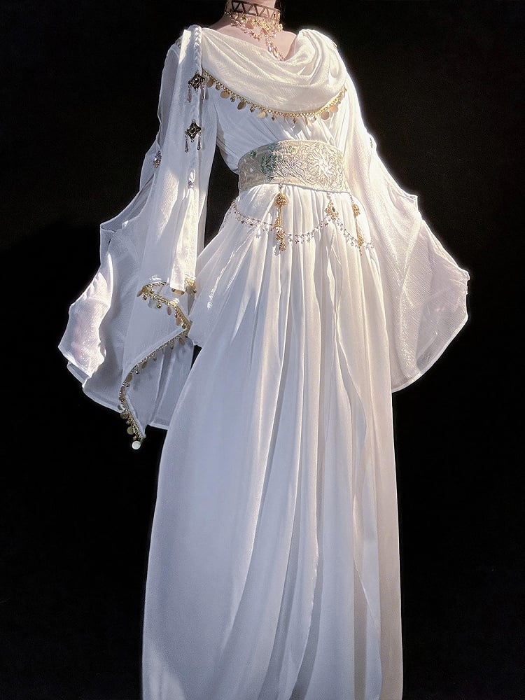 Greek-inspired White Lolita Gold Chiffon Corset Dress + Belt with Accents Embroidered