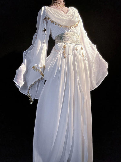 Greek-inspired White Lolita Gold Chiffon Corset Dress + Belt with Accents Embroidered