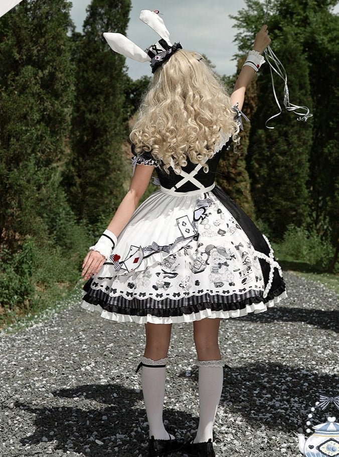 Sweet Lolita Apron Dress OP Full Set with Bunny & Teapot Print in Black and White - Ying Luo Fu