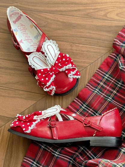 Ear Red Bunny Lolita Polka-dot Pattern Shoes at Crisscross Top Design Bow