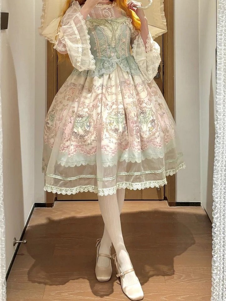 JSK Moth and with Green Pink Overlay Print Floral Dress Lolita Elegant