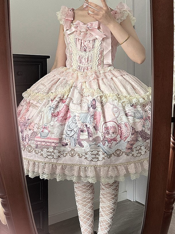 Sleeves Pink Cat Dress Flutter Trim and Bow Lace Print Accents Sweet with Lolita JSK