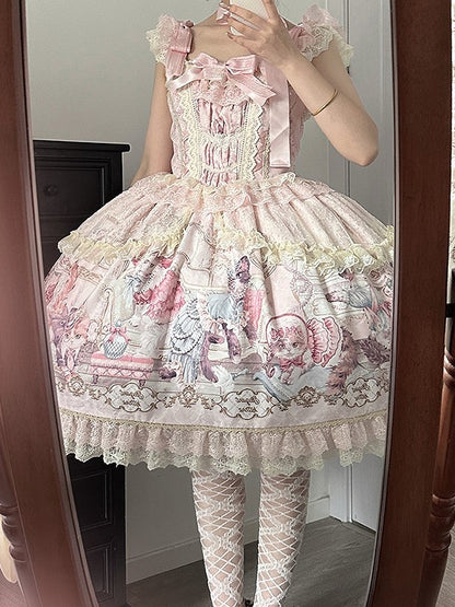 Sleeves Pink Cat Dress Flutter Trim and Bow Lace Print Accents Sweet with Lolita JSK