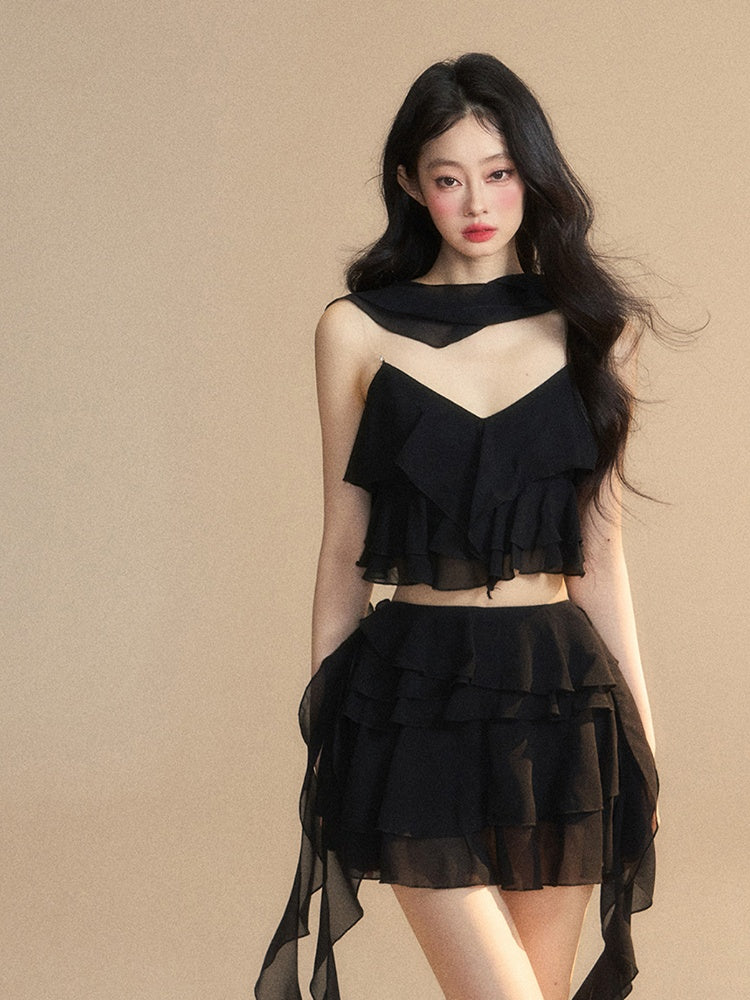Tiered Black Chiffon V-Neck with Ruffles Cropped Cami Top Scarf Free