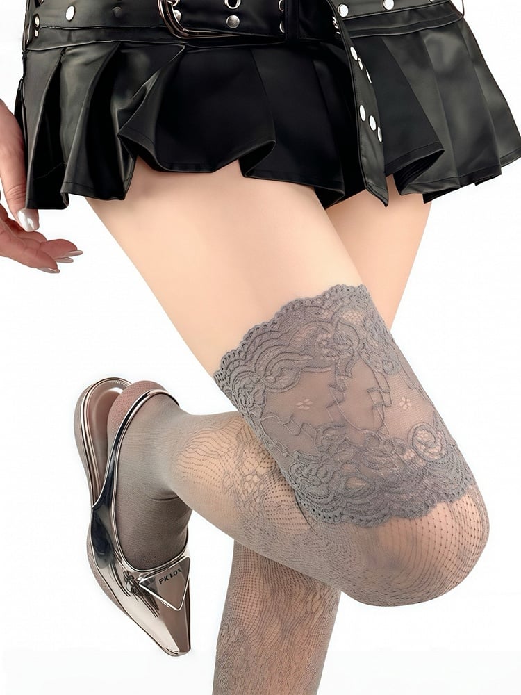 Black/White/Gray Lace Trim Floral Pattern Over Knee Stockings