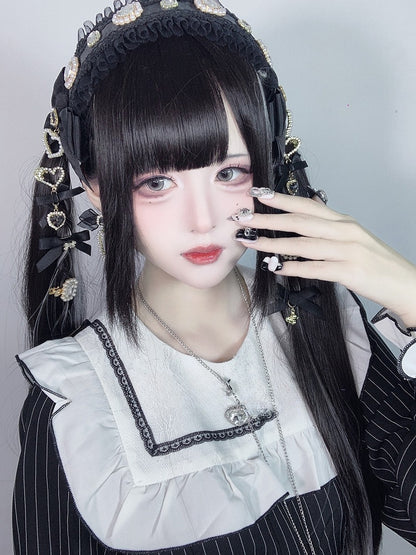 Highlight Pony mit Länge und Silber Perücke Schwarz 70CM Glatt