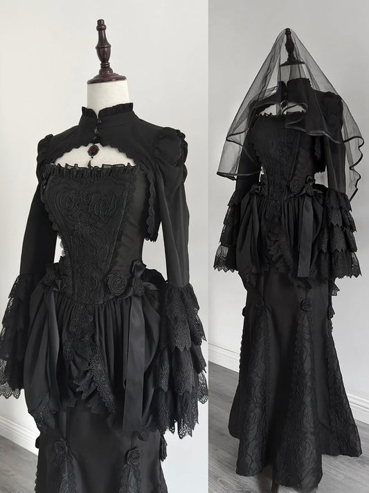 Gothic with Drawstring Black Boned Train Corset Top Hem Lolita