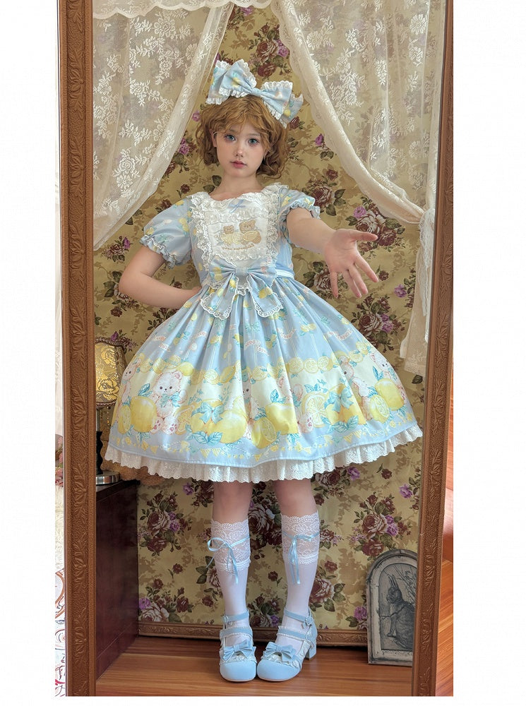 Lolita Sweet Sleeves Dress Teddy and Short Lemon Print Blue