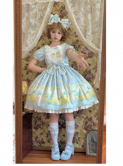 Lolita Sweet Sleeves Dress Teddy and Short Lemon Print Blue