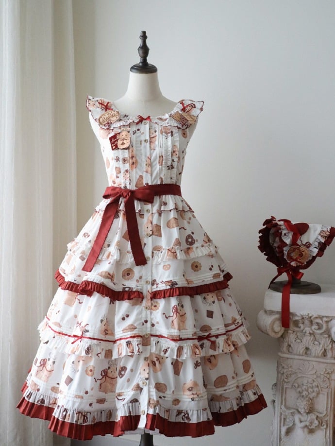 Print Red Ruffle and Sweet Cookie Lolita Dress White Hem Hamster
