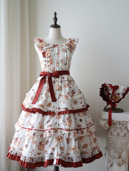Print Red Ruffle and Sweet Cookie Lolita Dress White Hem Hamster