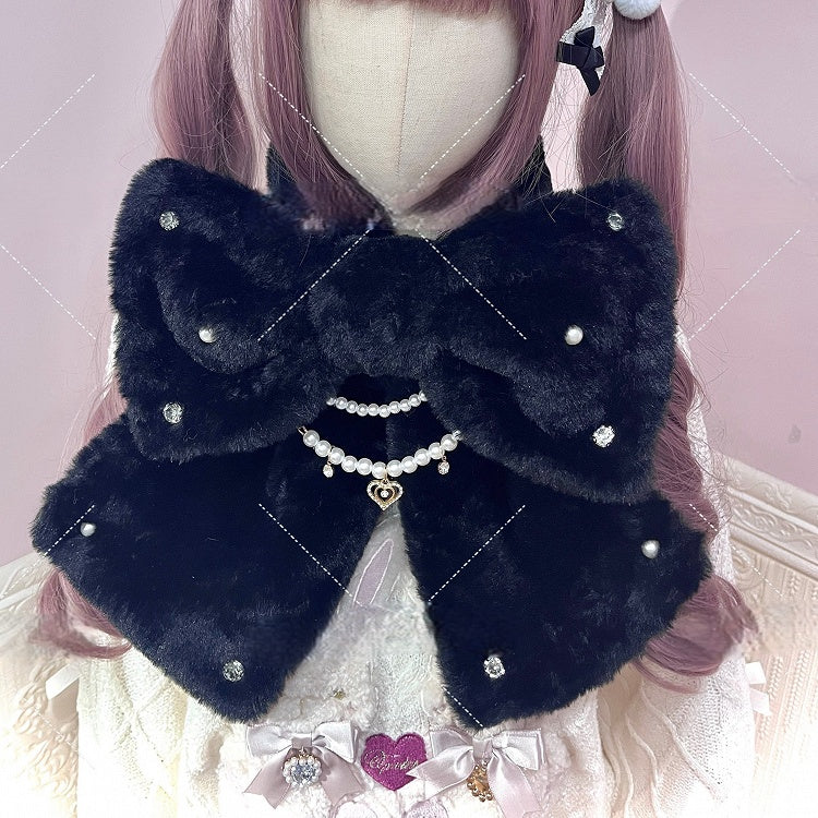 3 Beads Accents Scarf with Colors Rhinestone Bow Plush Chain