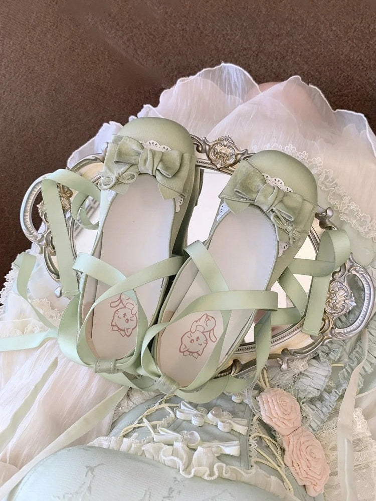 3.5cm Heeled Sweet Lolita Green Ballet Shoes - Bow at Top & Wrap-Around Ankle Tie