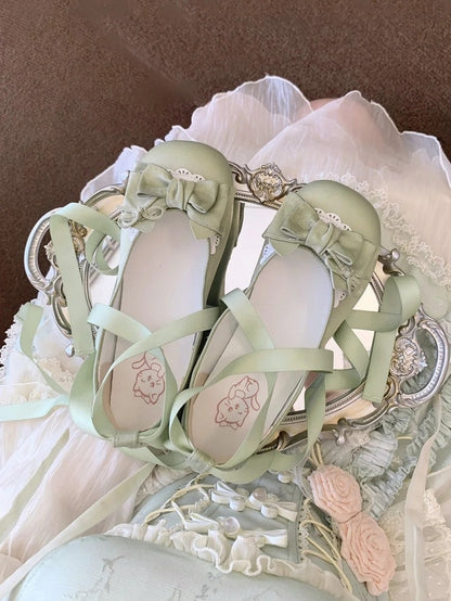 3.5cm Heeled Sweet Lolita Green Ballet Shoes - Bow at Top & Wrap-Around Ankle Tie