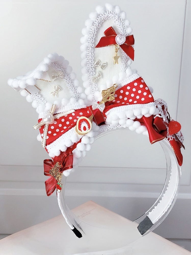 Sweet KC Details Bunny Lolita Ears Strawberry Decorated Bowknot RedWhite