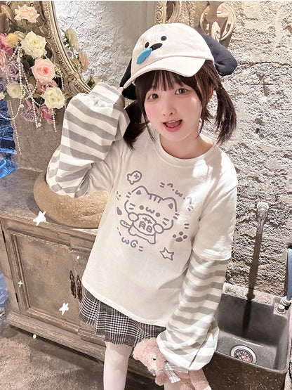 ホワイトキティプリントストライプ長袖Tシャツ
