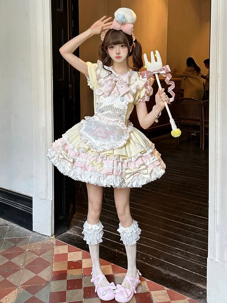 Ärmeln Gelb Lolita Kleid Süße Maid Thema Bunny Puff Rosa und