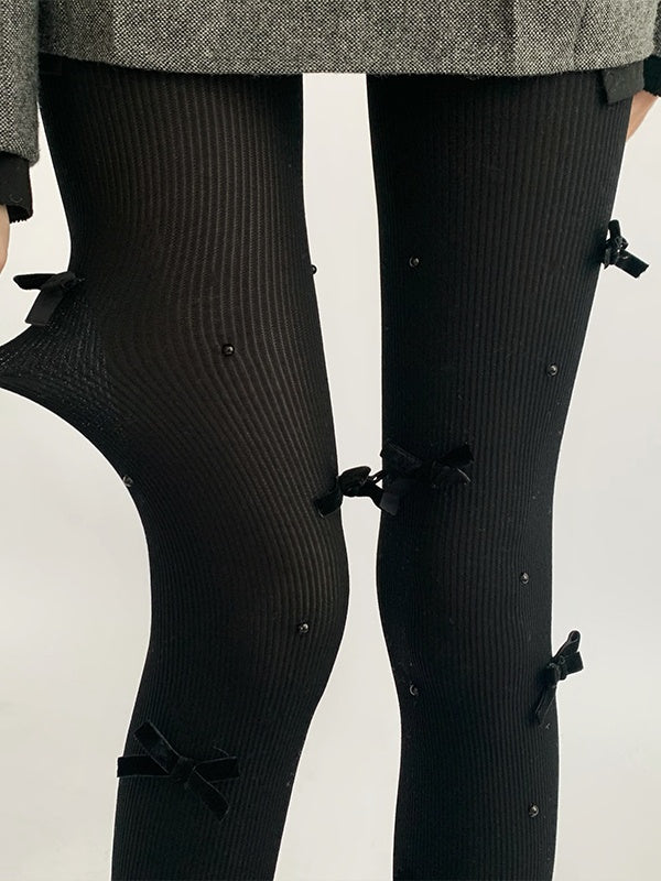 Knitted White/Pink Tights Decorated Cream White/Black Bowknot Bead