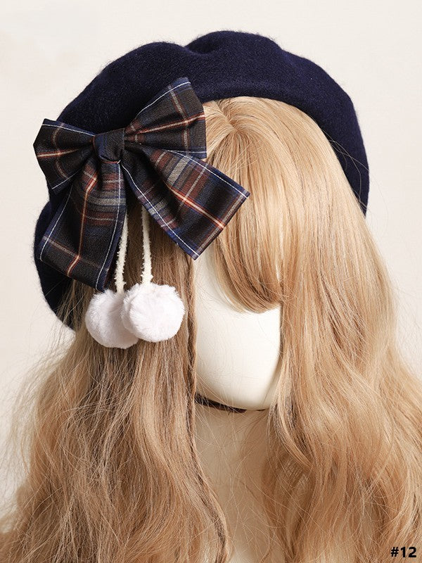 14 Color Options Plaid Bow Beret with Pom-Pom Accents