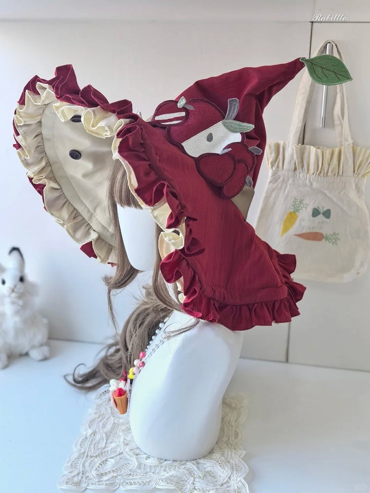 Red/Green Apple Lolita Witch Hat with Ruffled Trim