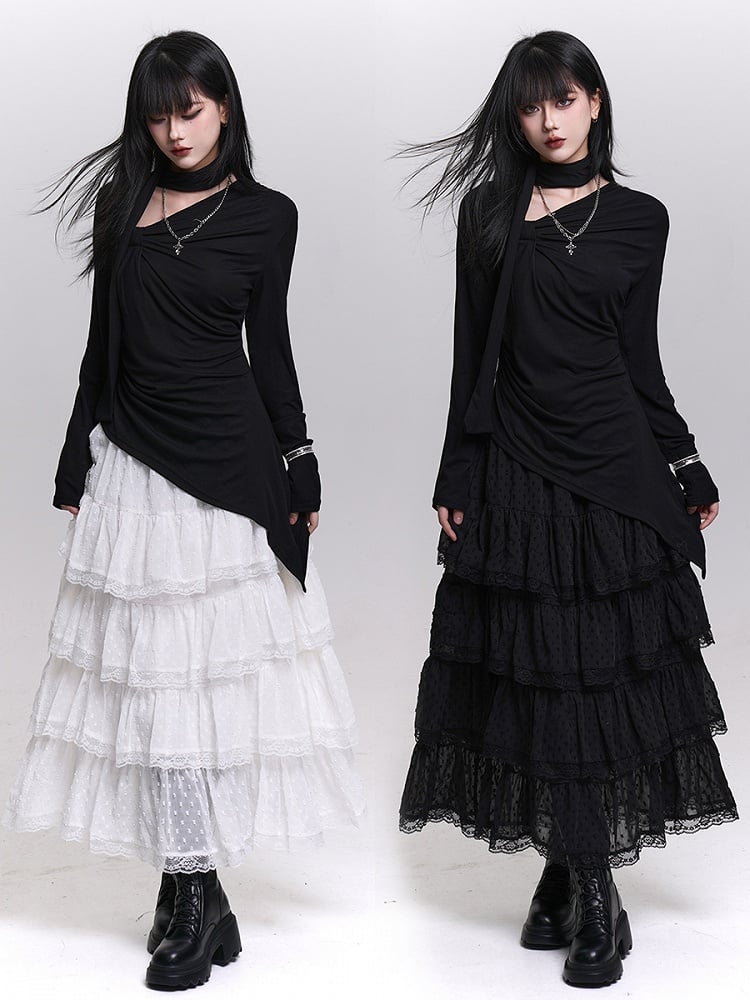 Length Tea Trim Chiffon Blue Mesh with White/Black/Light Tiered Lace Skirt