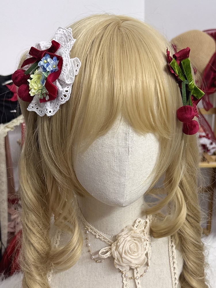 Sweet Floral Cherry Hairclip Lolita Red Velvet