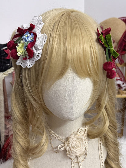 Cherry Red Sweet Hairclip Lolita Floral Velvet