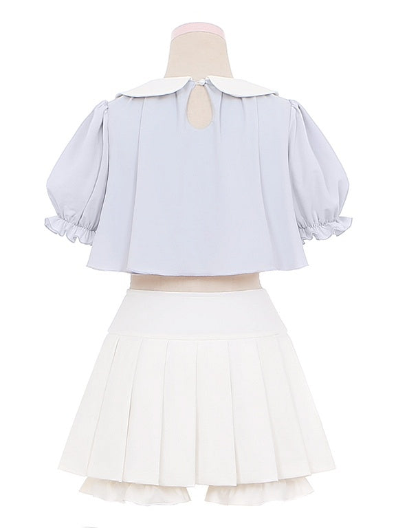 Blue Little Chicken Embroidery Peter Pan Collar Top + White Pleated Skirt Swimsuit Set