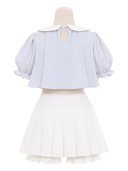 Blue Little Chicken Embroidery Peter Pan Collar Top + White Pleated Skirt Swimsuit Set