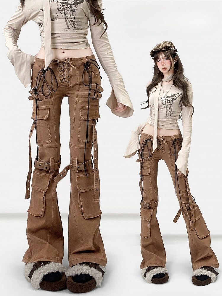 Wasteland Silhouette Flare Schnürjeans Punk Detail Braun Kaffee