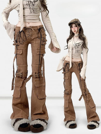 Wasteland Silhouette Flare Schnürjeans Punk Detail Braun Kaffee