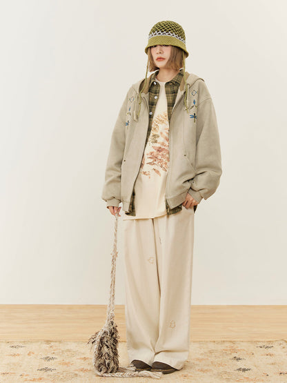 Beige Trim Hoodie Drawstring Print with Hood Ribbed Vintage