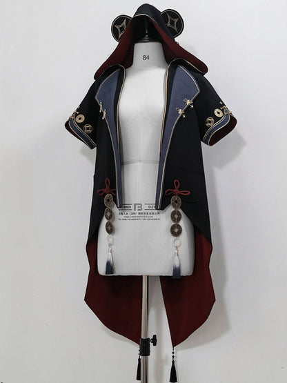 Black Ouji Fashion Chinoiserie Copper Coins Panda Ears Hooded Coat