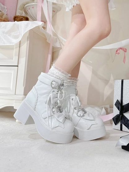 Ankle Lace-up Matte and White Jirai in Kei Buckles Sweetheart Boots with Rhinestones