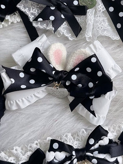 with Bunny Polka-dot White Ears Bowknot Hairclip Heart-Shaped Charm Black and