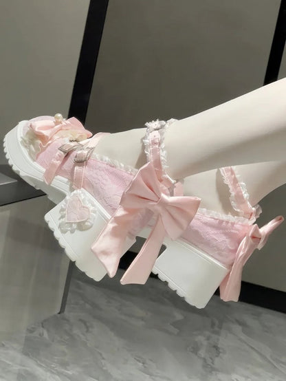 Sophisticated Sakura Pink Lolita Shoes - Sparkling Buckle Design with Back Detachable Bow & Ruffles Trim