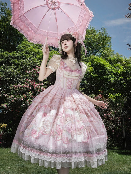 Pink Deer & Floral Print Flutter Sleeves Sweet Lolita JSK Dress with Overlay - Honey Machine