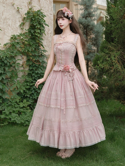Pink Sleeveless Lace Top with Floral Belt and Skirt - Penny House