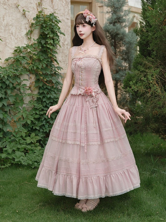 Pink Sleeveless Lace Top with Floral Belt and Skirt - Penny House