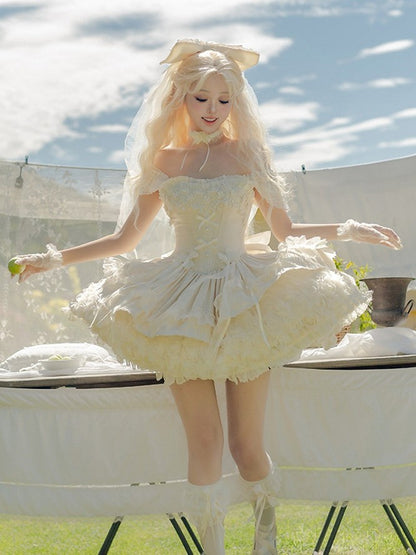 Blooming Hime Layered Lace Dress Lolita Accents Flower with Fluffy Champagne Waist Basque