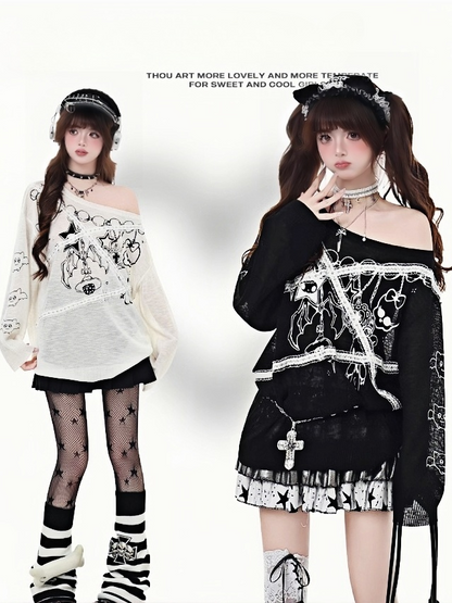 アシンメトリーネックラインのレース、ブラック/ホワイト、日焼け防止、グラマラスなアップリケ、グラフィックトップ