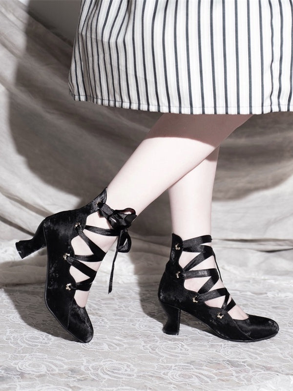 Pointed - High-heel Lace-up Design Lolita Toe Black Shoes Closure Elegant