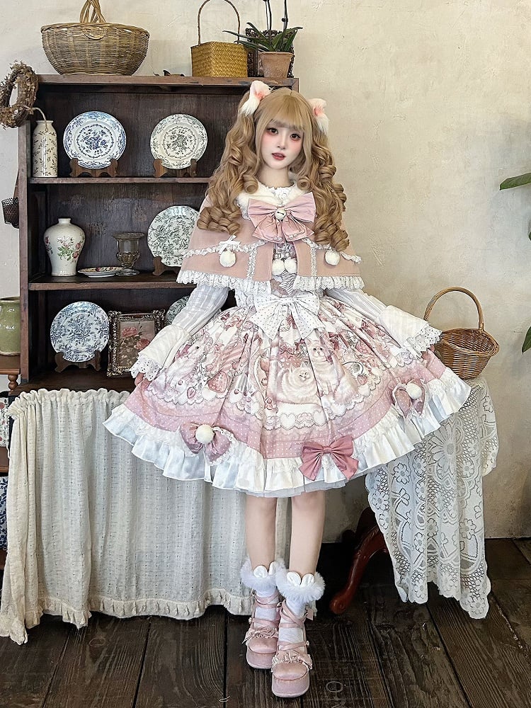 Cape Pink Pompoms and Sweet Plush Collar Lolita with Lace Trim