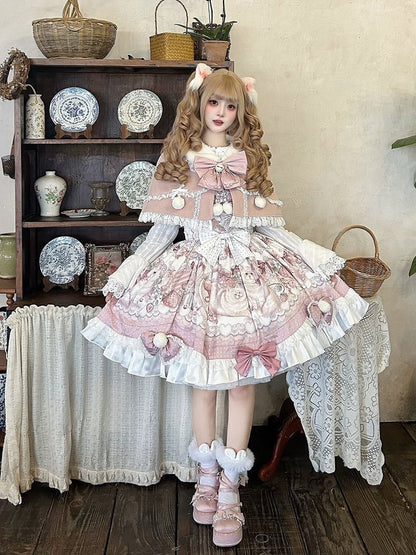 Bow Lolita Strawberry Sweet with Pink Print Jumper Skirt Accents and Kitty