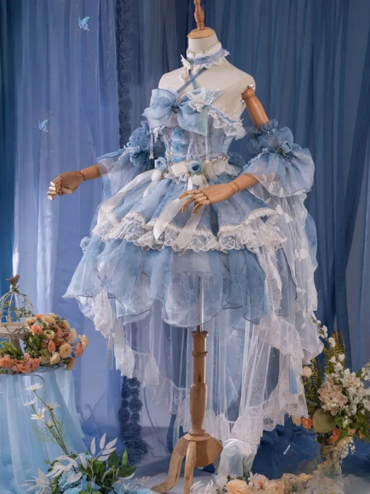 Volles Prinzessinnen-Blumen-Schmetterlings-Set-Design, blaues JSK Fairycore-Lolita-Kleid