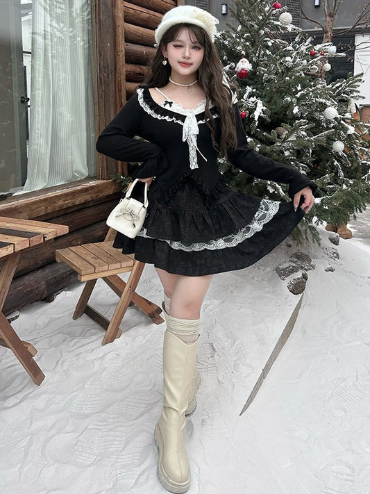 プラスサイズ ブラック レースアクセント フローラルジャカード ティアードスカート